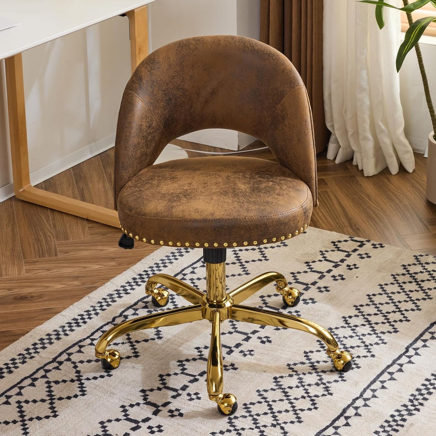 Navy Blue Velvet Office Chair Gold Swivel Rolling Vanity Desk Chair