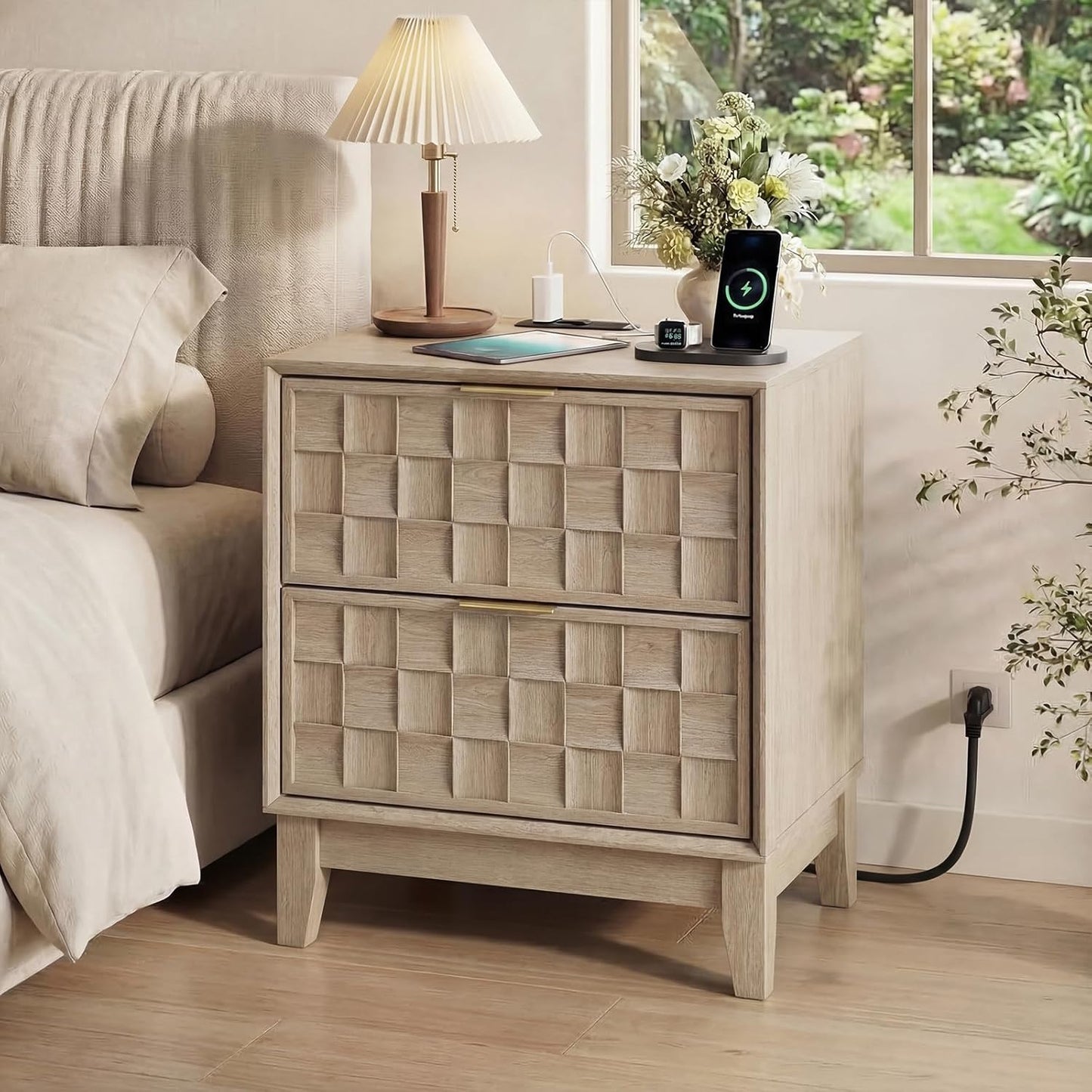 Modern Oak 2-Drawer Nightstand with Charging Station – Textured Bedside Table
