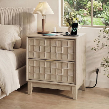 Modern Oak 2-Drawer Nightstand with Charging Station – Textured Bedside Table