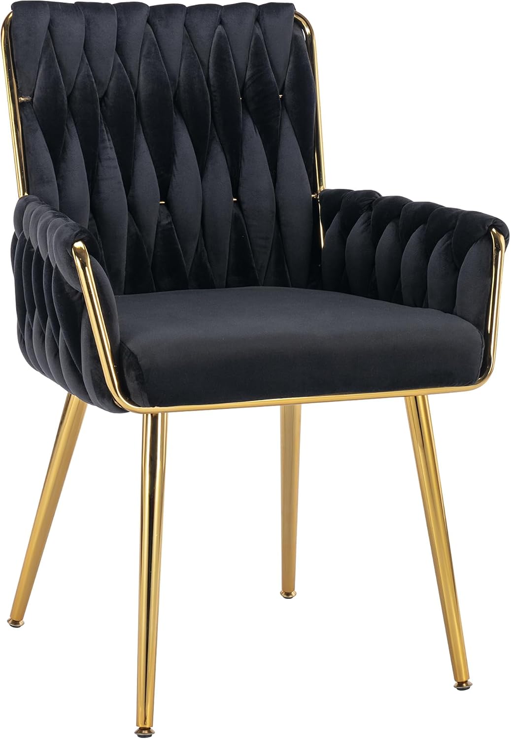 Beige Velvet Vanity Chair Hand Woven Gold Leg Upholstered Accent Chair