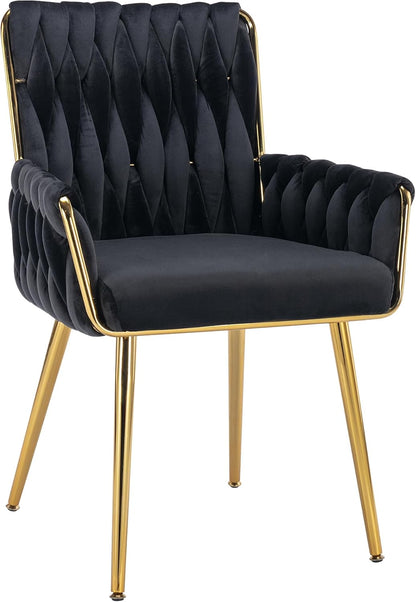 Beige Velvet Vanity Chair Hand Woven Gold Leg Upholstered Accent Chair