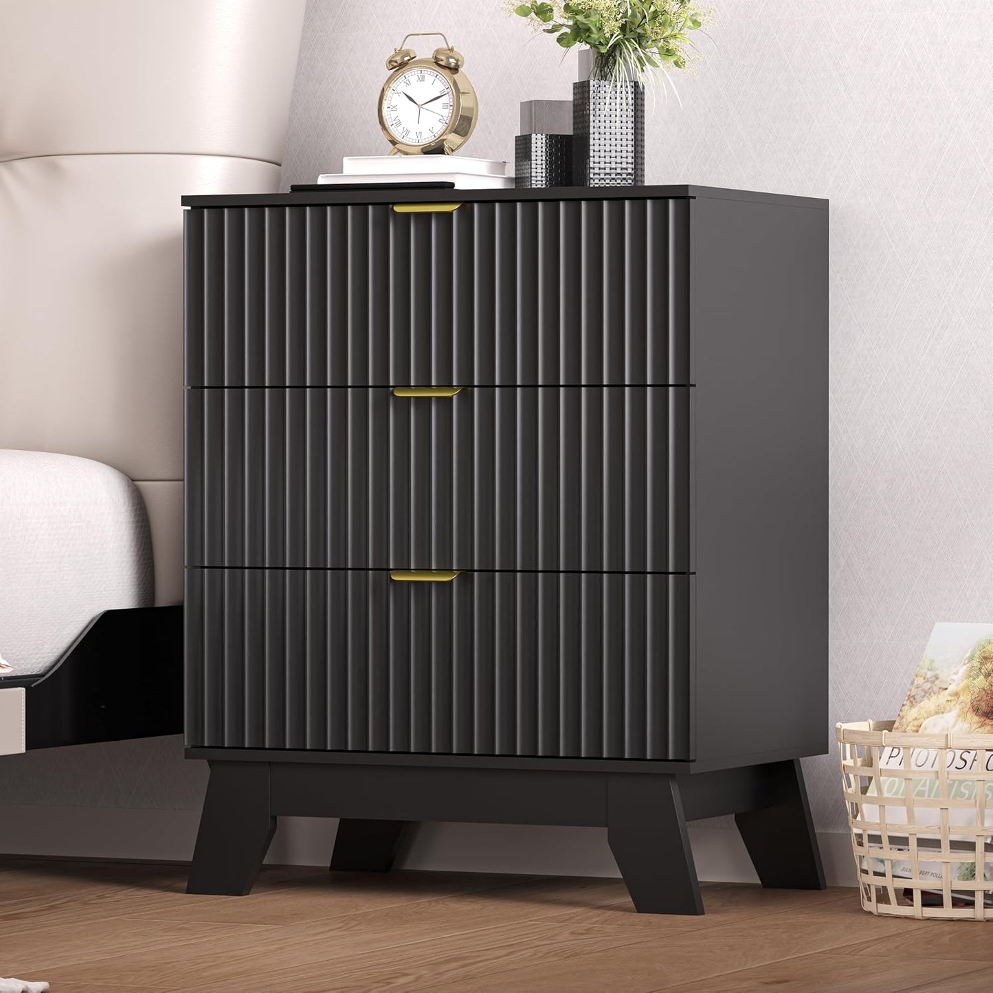 White Fluted Nightstand with 3 Drawers Modern Wide Bedside Table