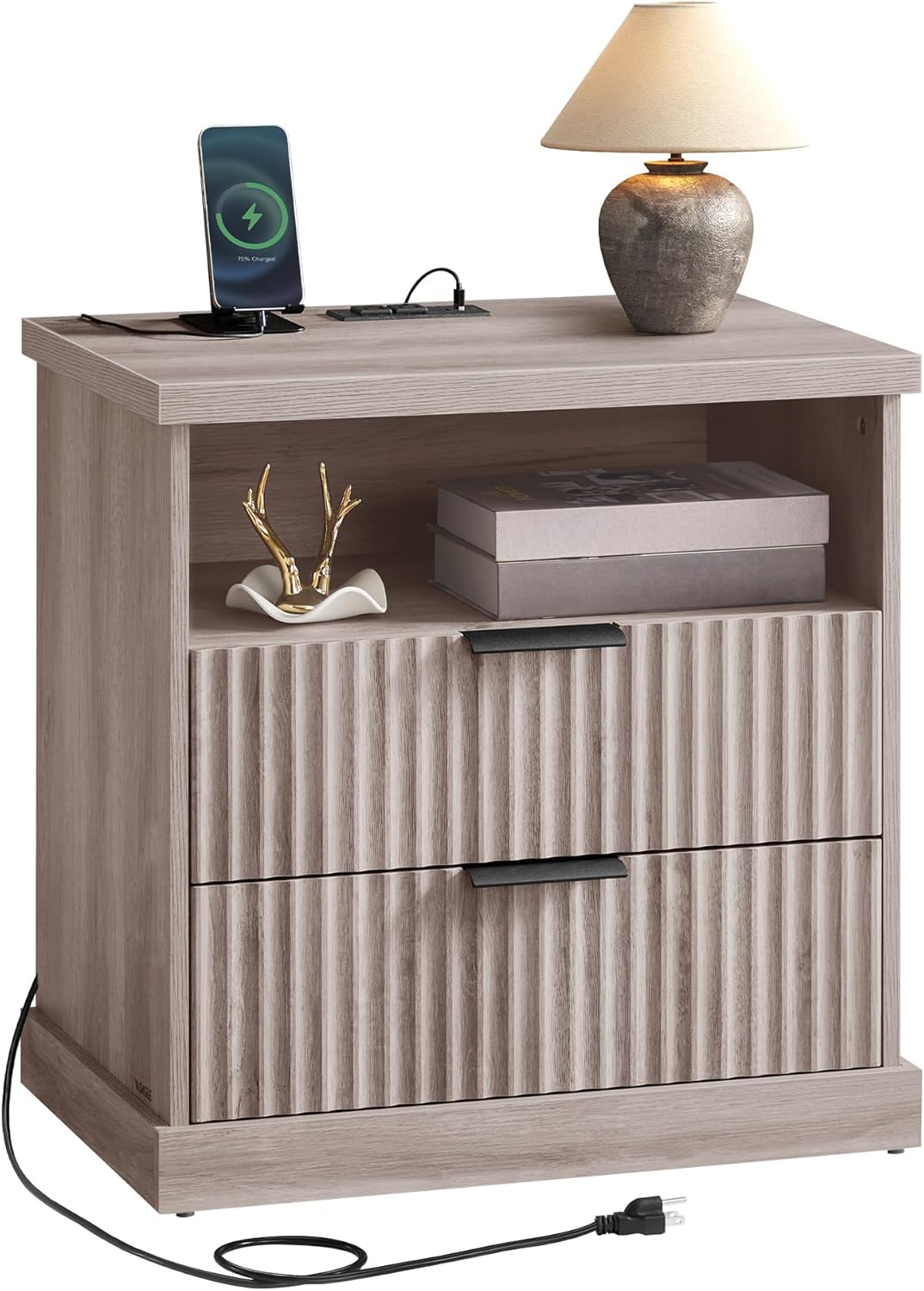 Modern Oak Beige Nightstand with Charging Station – 2-Drawer Fluted Bedside Table