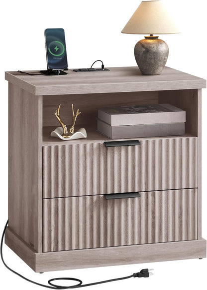 Modern Oak Beige Nightstand with Charging Station – 2-Drawer Fluted Bedside Table