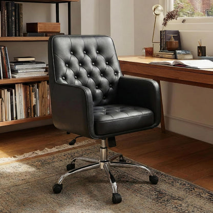 Khaki Leather Office Chair Tufted Adjustable Swivel Desk Chair with Arms
