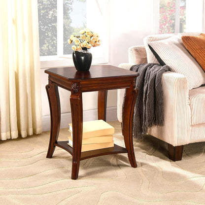 Solid Wood Square End Table with Glass Top and Storage Shelf
