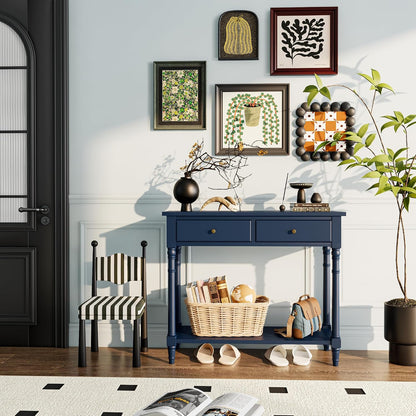 Solid Wood Console Table with 2 Drawers Black Narrow Entryway Table