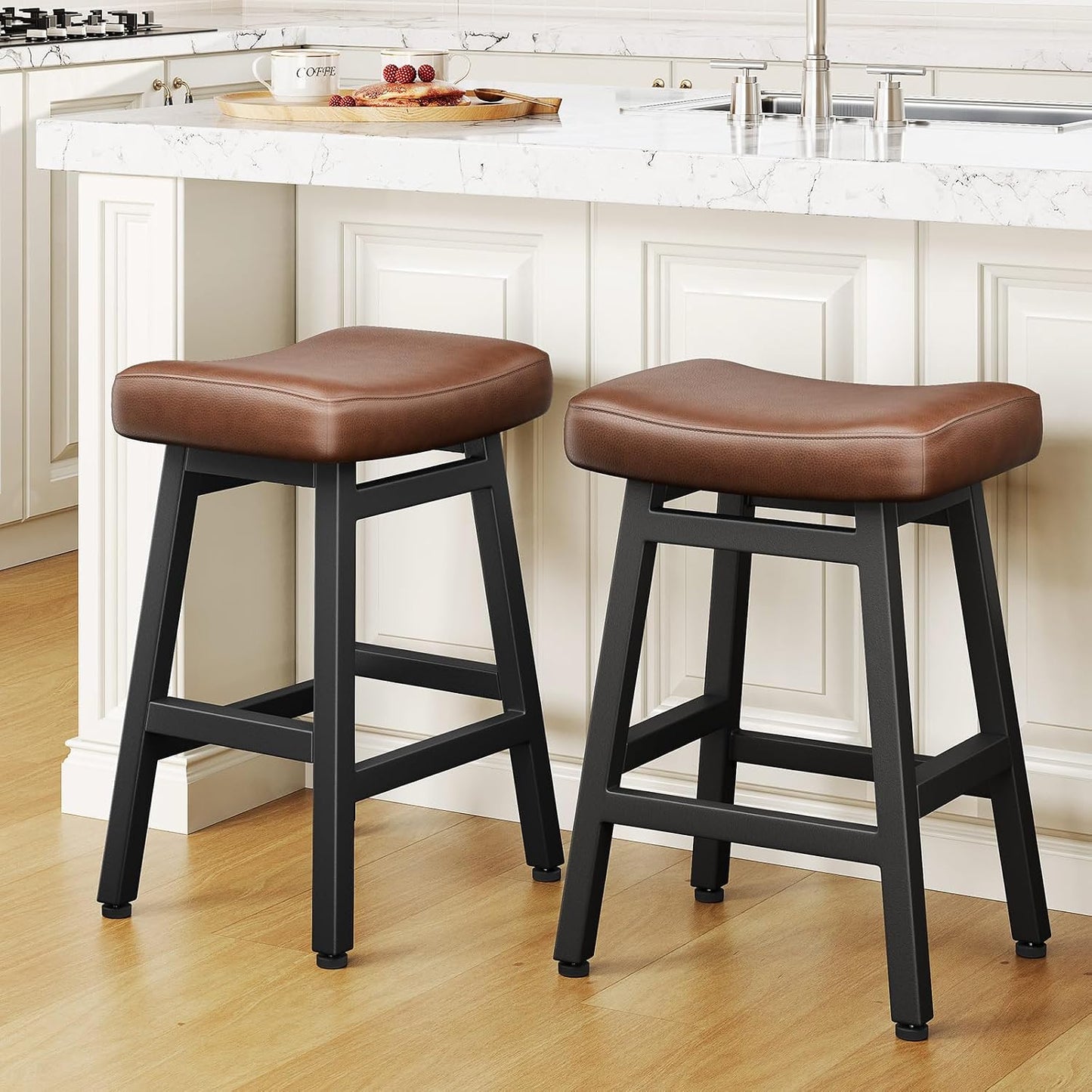 24 Inch Black Counter Height Bar Stools Set of 2 Bonded Leather Saddle Seats