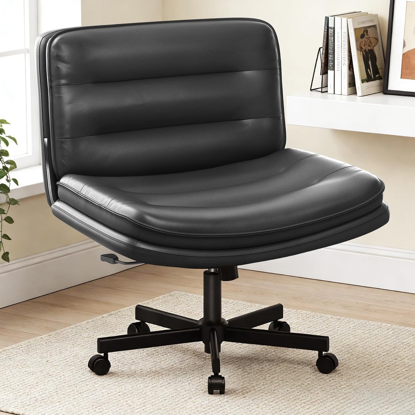 Beige Criss Cross Office Chair Wide Seat Swivel Rolling Vanity Desk Chair