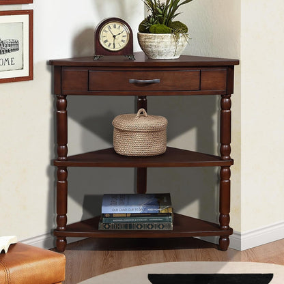 Wood Triangle Corner Table with Drawer and 2 Storage Shelves Navy Blue