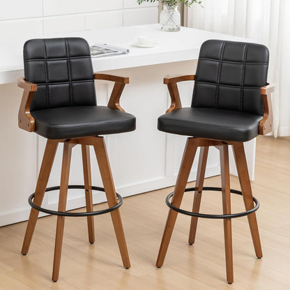 Walnut Black Swivel Counter Stool with Arms Mid Century Upholstered Bar Chair
