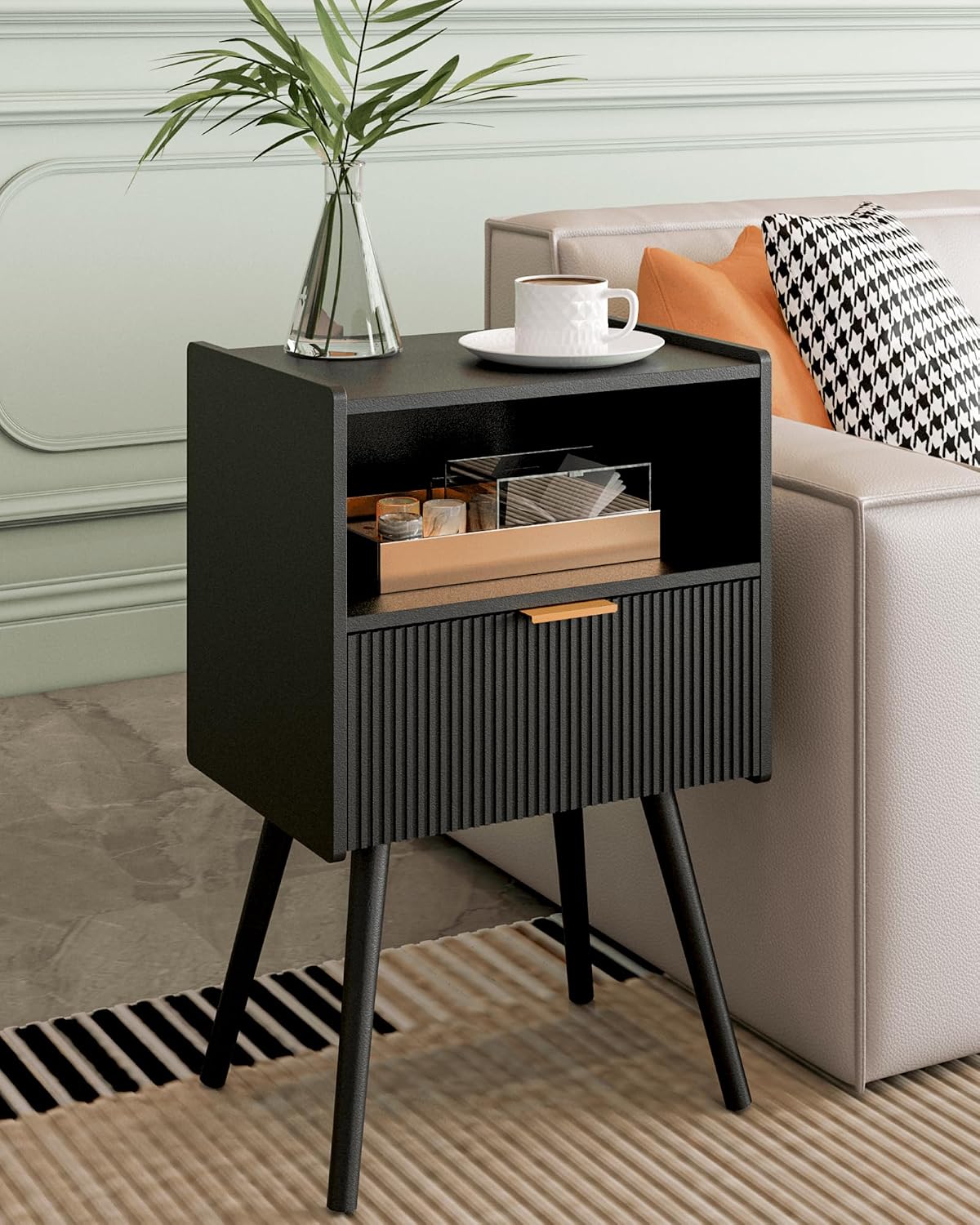 Modern Walnut Brown Fluted Nightstand with Drawer & Open Shelf