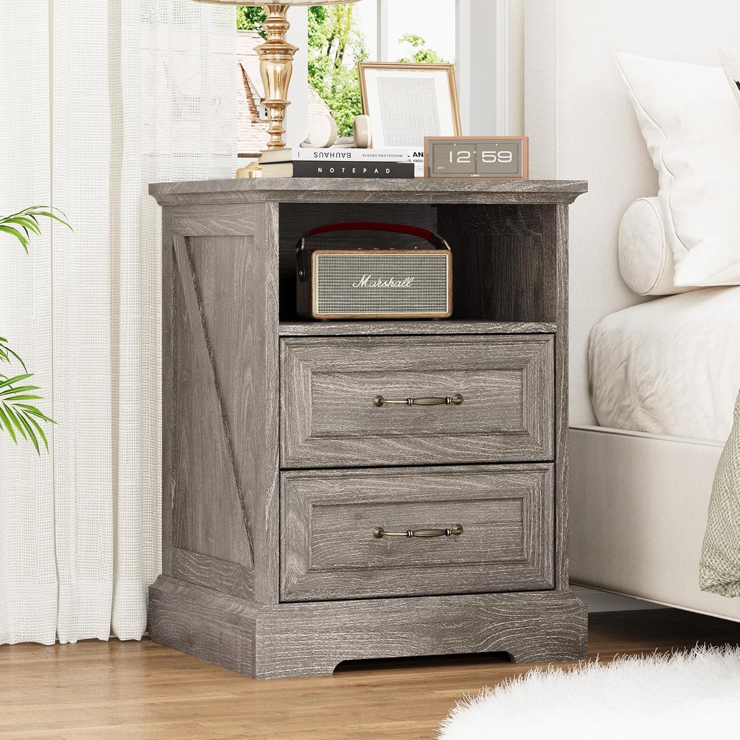 Farmhouse Nightstand with Charging Station 2 Drawers Off White Bedside Table