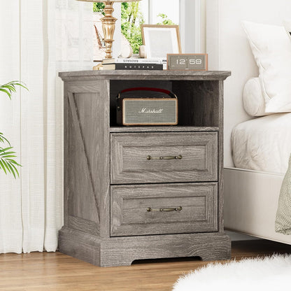 Farmhouse Nightstand with Charging Station 2 Drawers Off White Bedside Table
