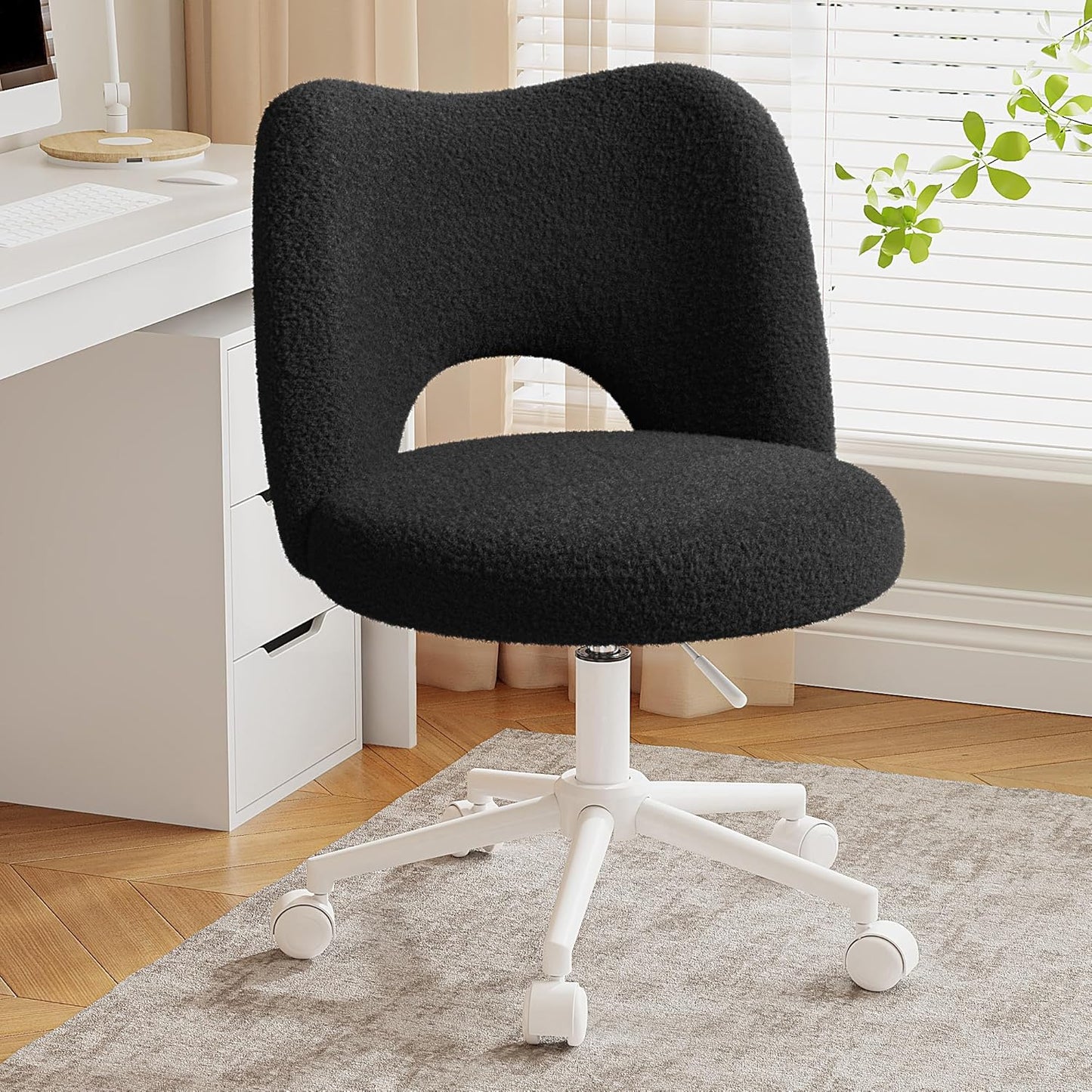 White Teddy Vanity Chair Armless Adjustable Swivel Desk Chair with Wheels