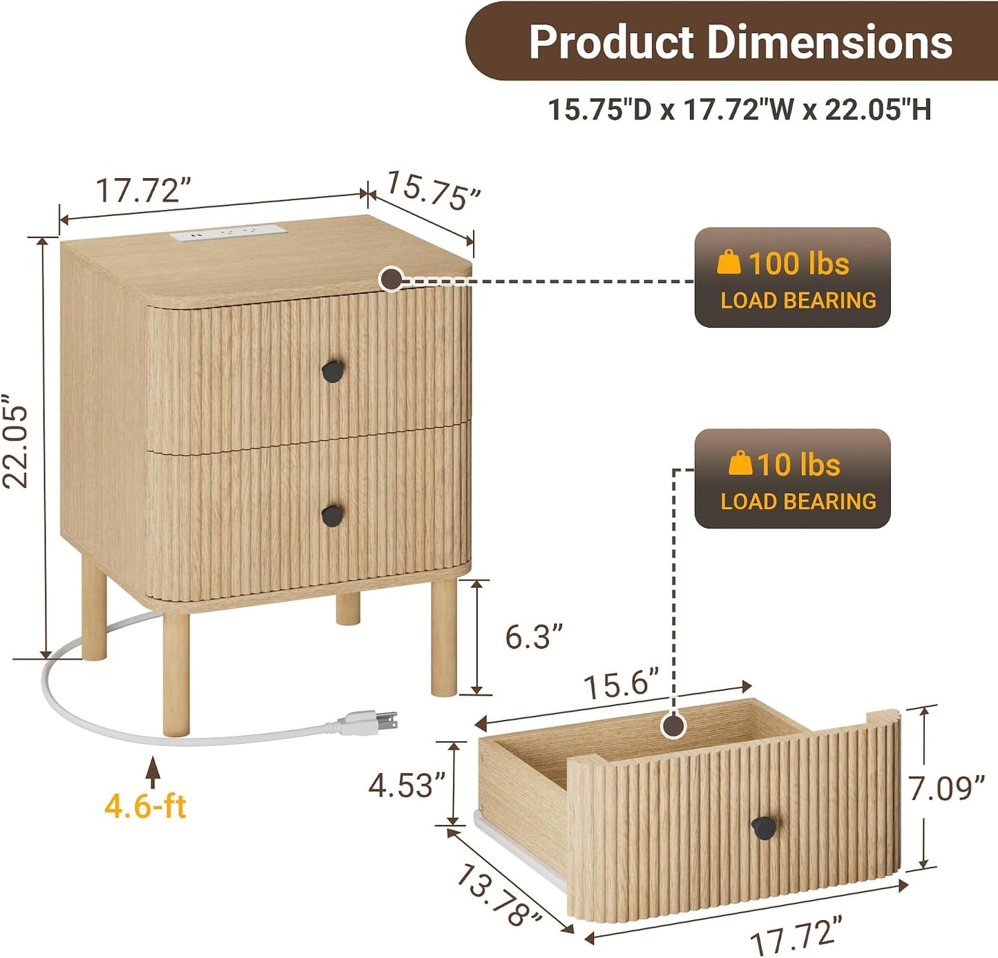 Modern Fluted Nightstand with Charging Station & 2 Drawers