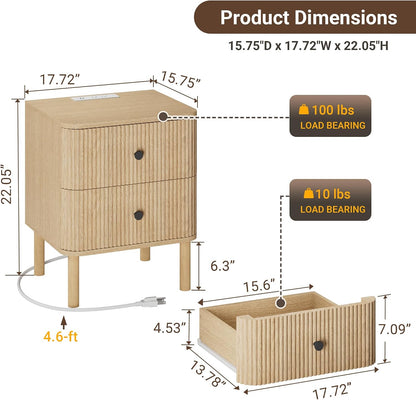 Modern Fluted Nightstand with Charging Station & 2 Drawers