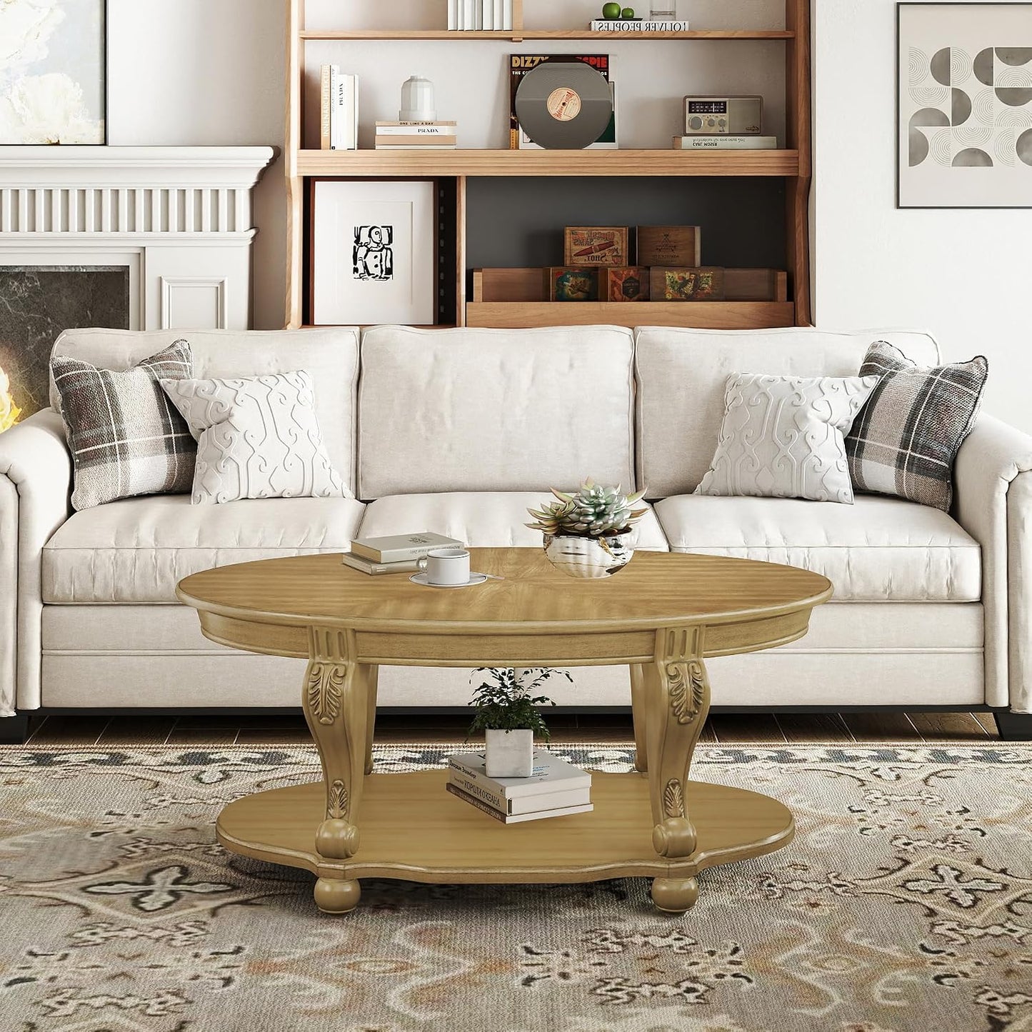 Oval Coffee Table with Storage Victorian Carved Wood 2 Tier Living Room Table