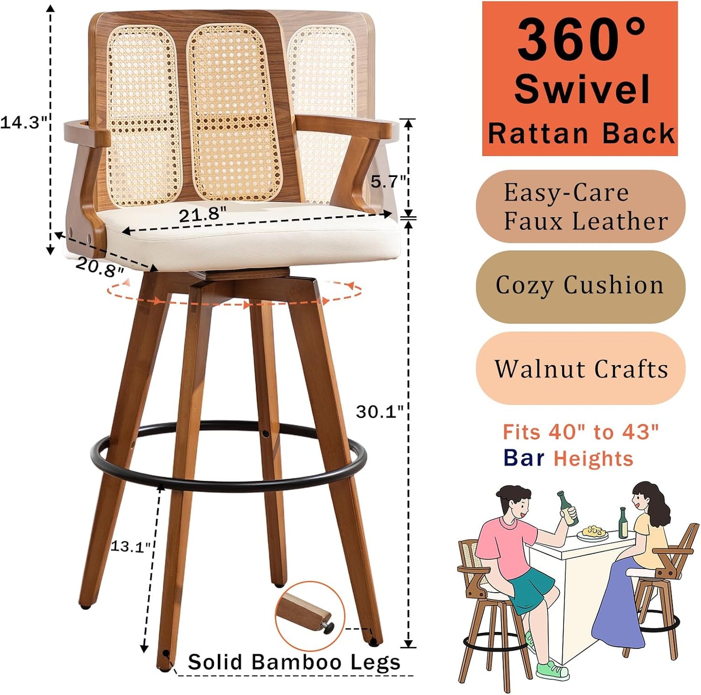 Walnut Rattan Swivel Bar Stools with Arms Beige Upholstered Seat Set of 2