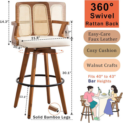 Walnut Rattan Swivel Bar Stools with Arms Beige Upholstered Seat Set of 2