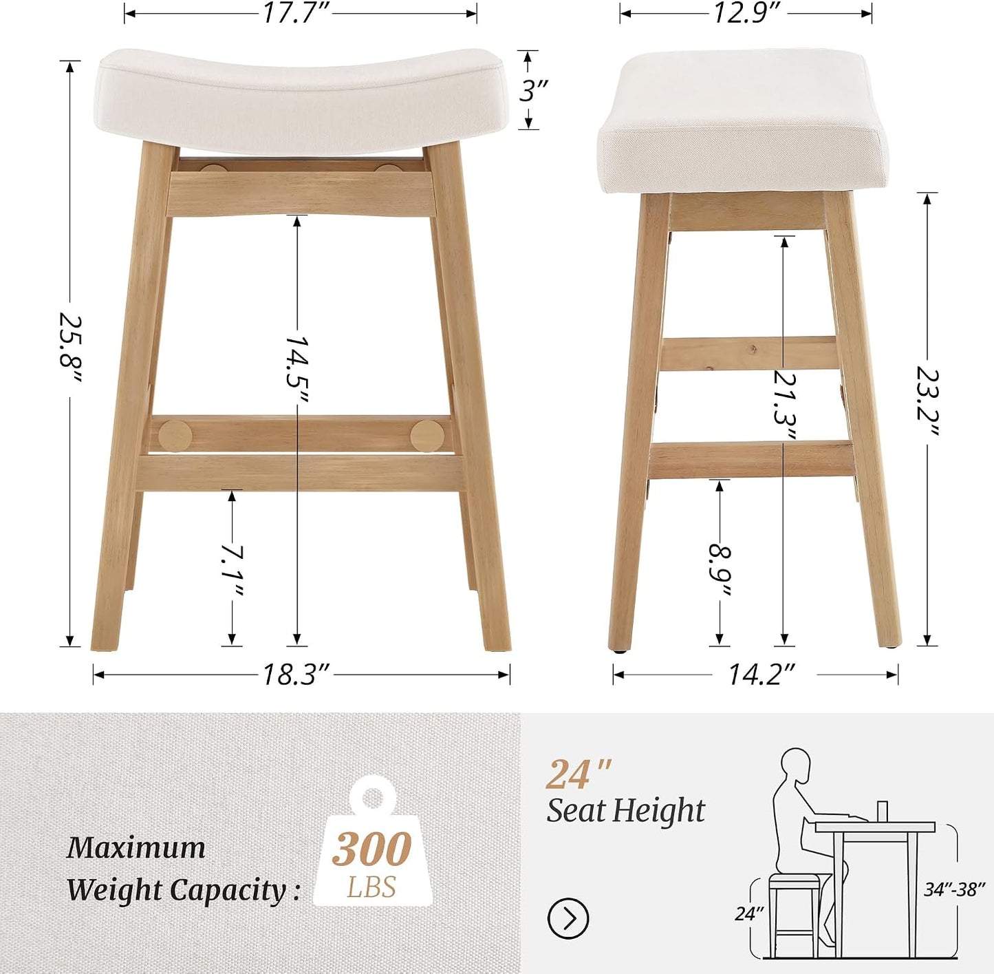 24 Inch Counter Height Bar Stools Set of 2 Antique White Saddle Seats