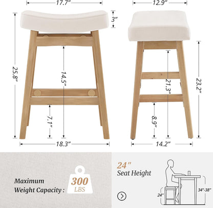 24 Inch Counter Height Bar Stools Set of 2 Antique White Saddle Seats