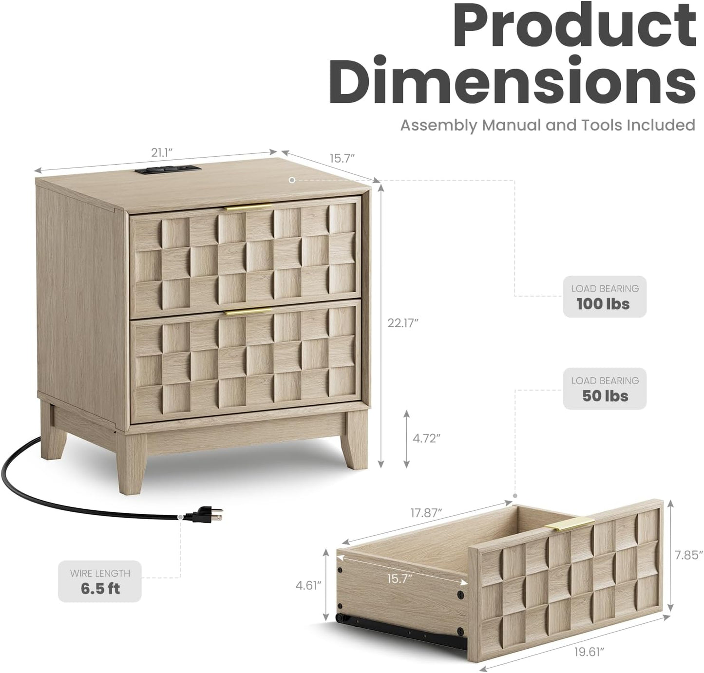 Modern Oak 2-Drawer Nightstand with Charging Station – Textured Bedside Table