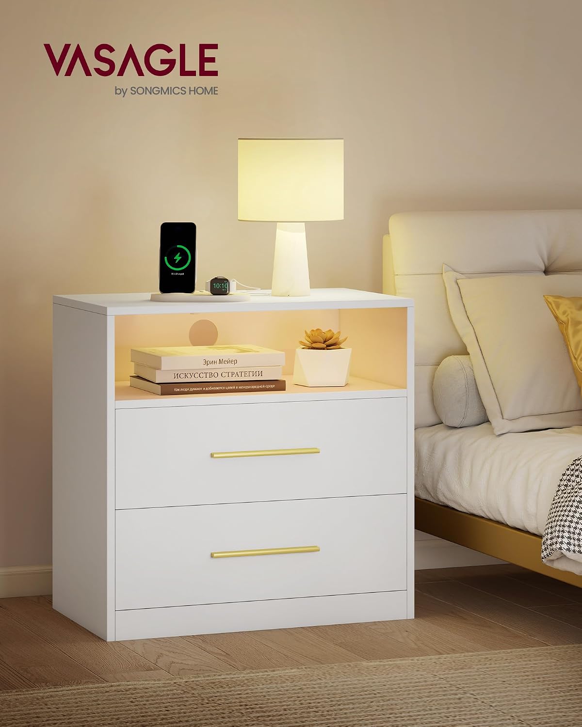 Modern Misty Gray Nightstand with LED Lights & Charging Station – 2-Drawer Bedside Table