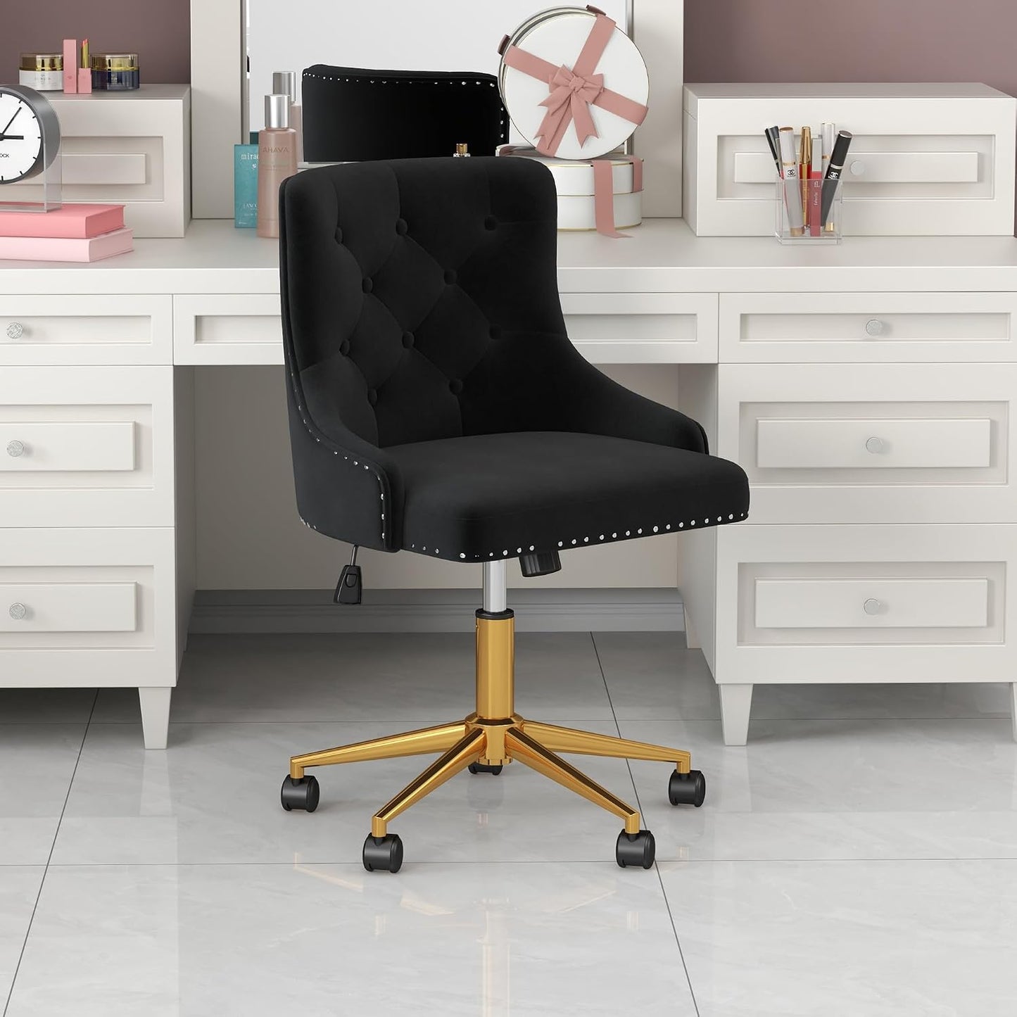 Beige Velvet Swivel Desk Chair Tufted Vanity Chair with Gold Base and Wheels