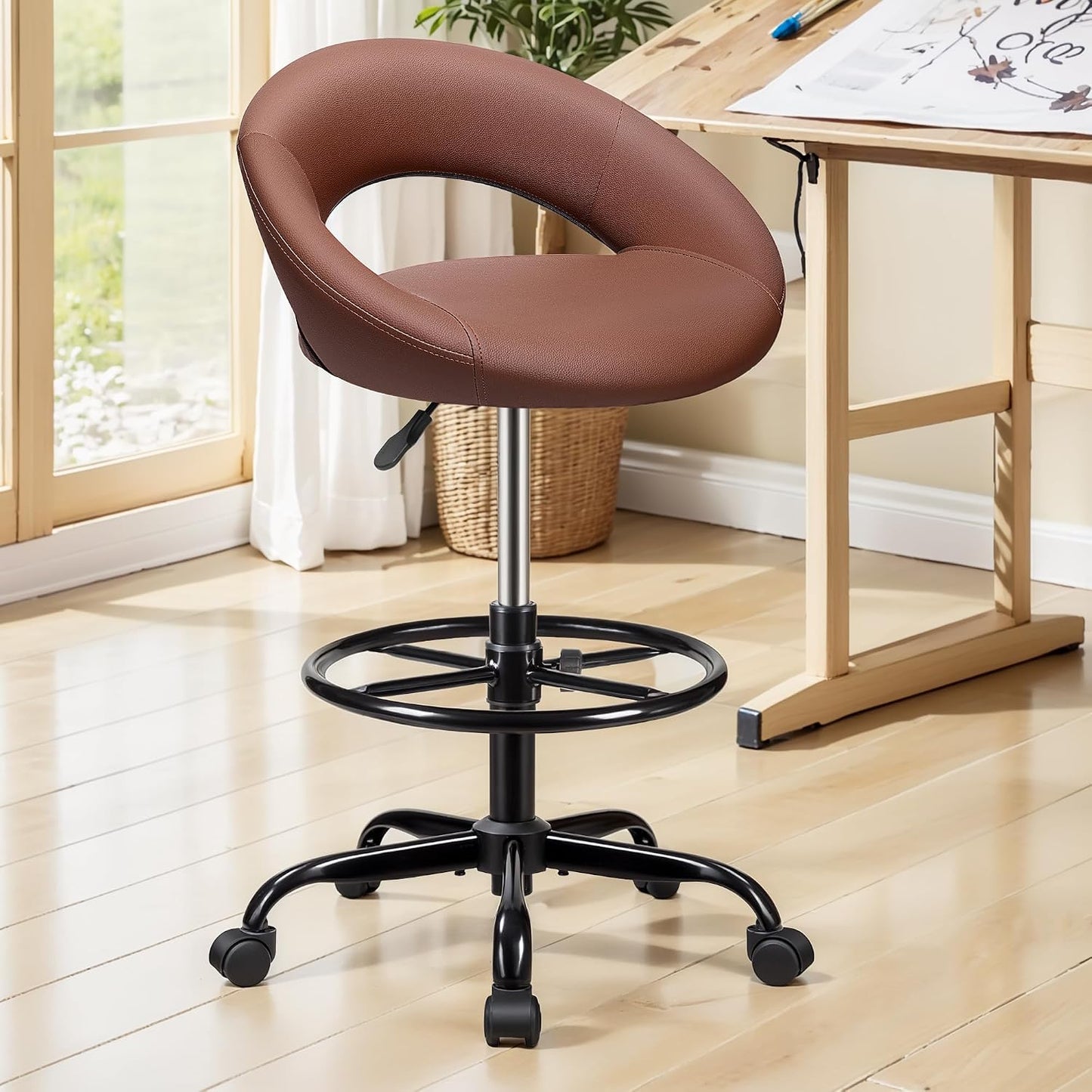 Adjustable Drafting Chair Black Faux Leather Swivel Counter Stool with Wheels