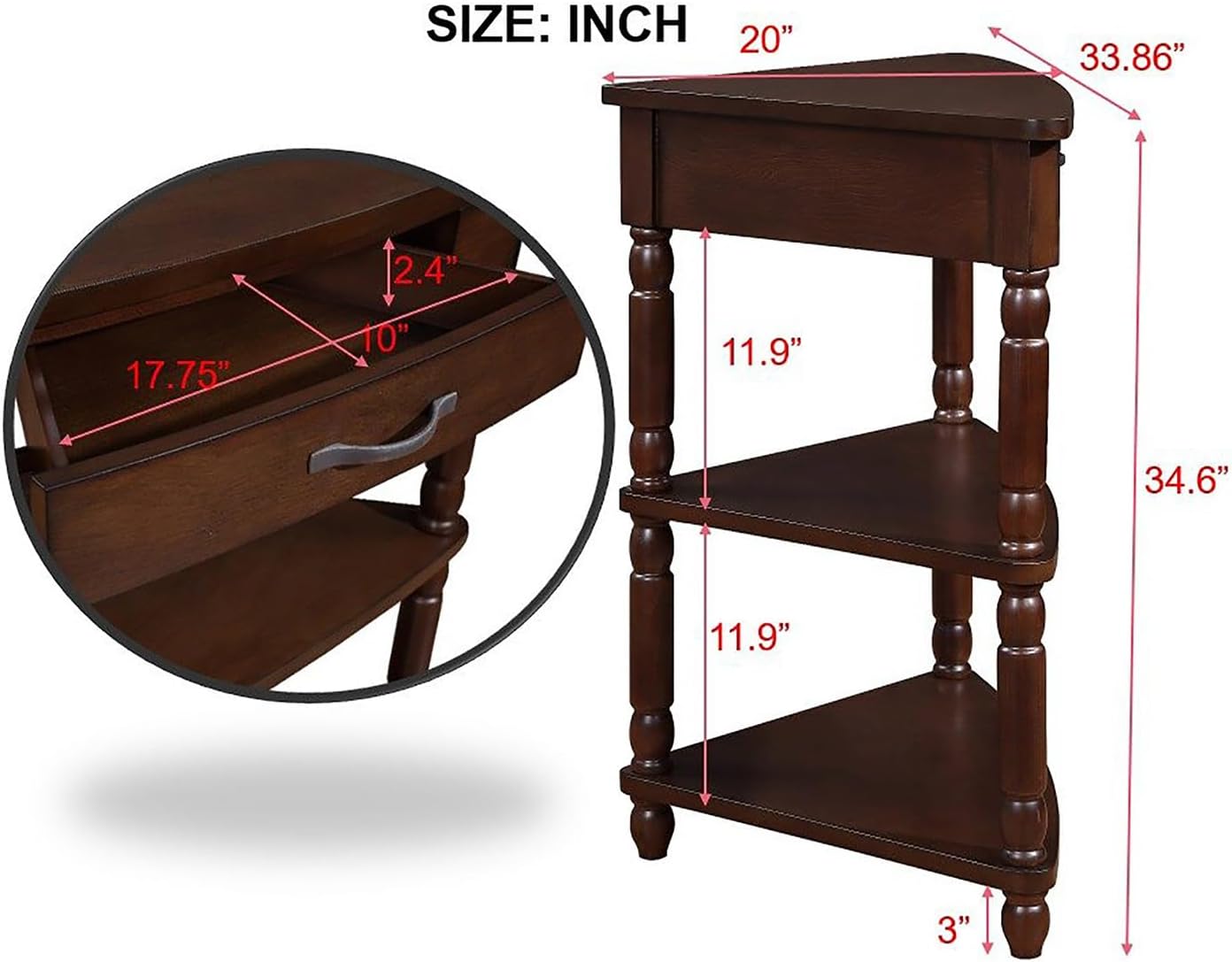 Wood Triangle Corner Table with Drawer and 2 Storage Shelves Navy Blue