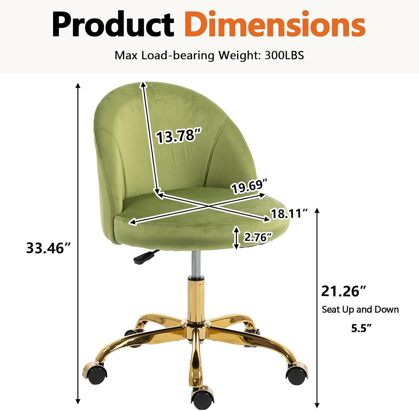 Black Velvet Vanity Chair Gold Base Adjustable Swivel Rolling Desk Chair