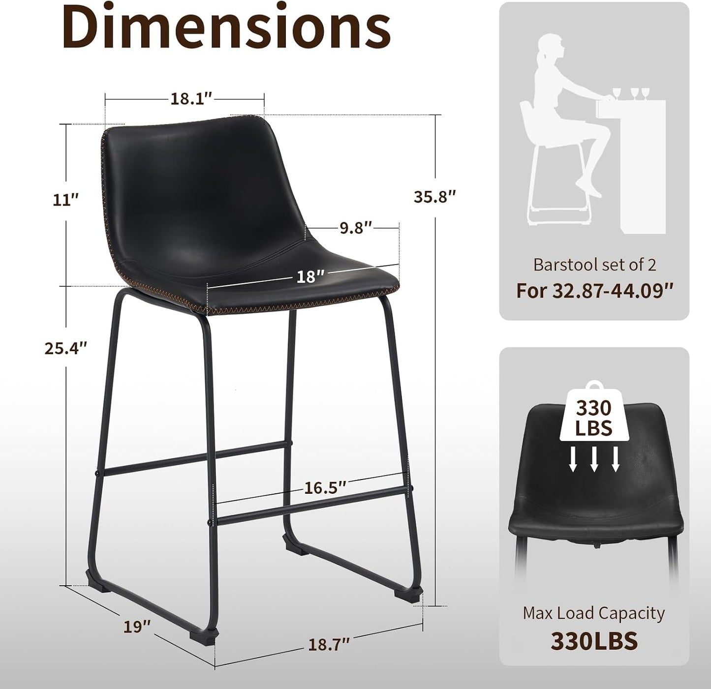 Brown Counter Height Bar Stools Set of 2 Upholstered Kitchen Chairs