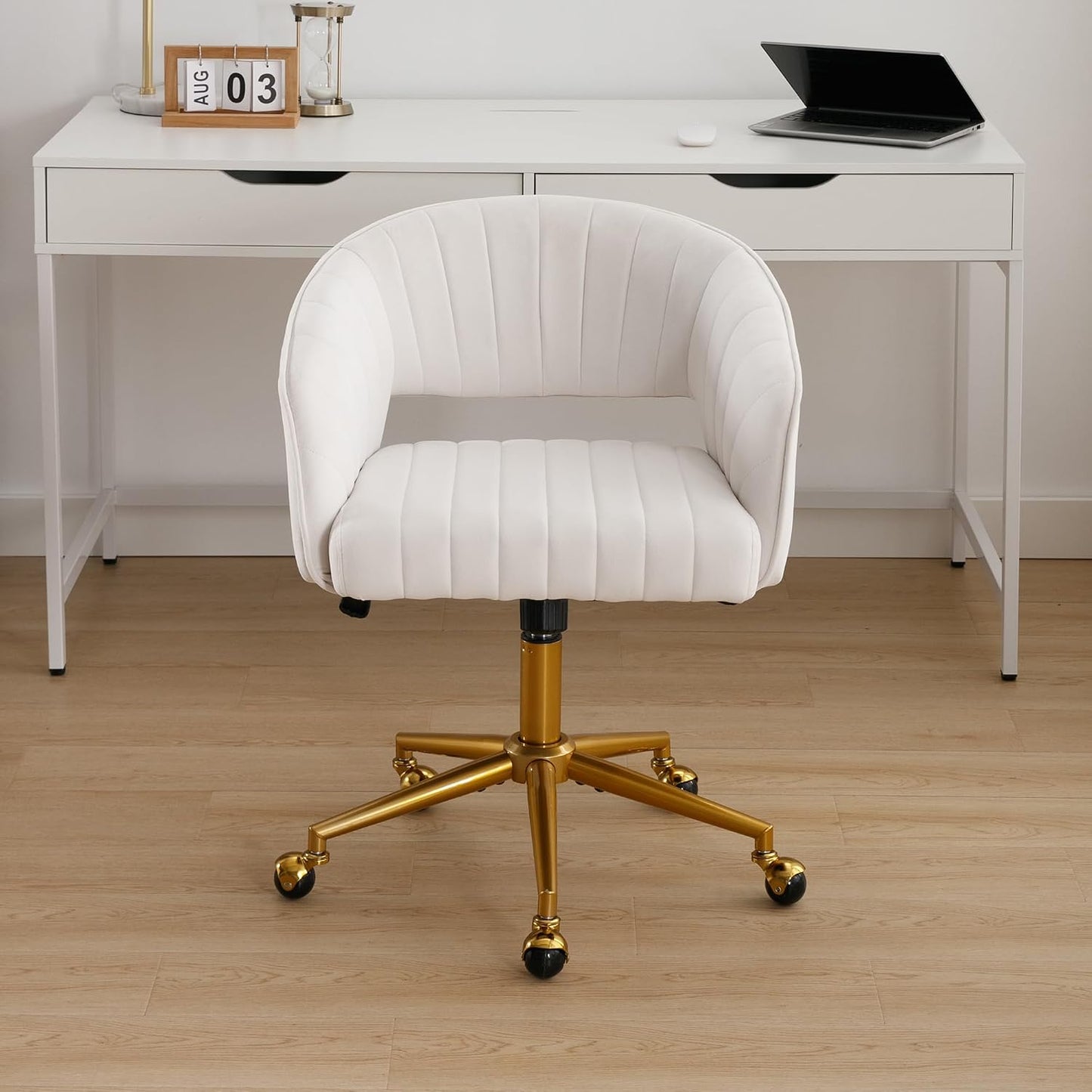 Red Velvet Swivel Desk Chair Adjustable Vanity Chair with Gold Base and Wheels