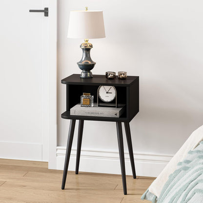 Mid-Century Modern Walnut Brown Nightstand Set of 2 with Open Storage
