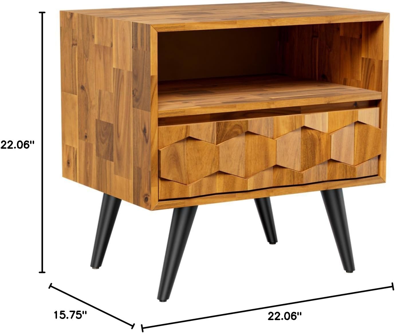 Solid Acacia Wood Geometric Nightstand with Drawer & Open Shelf