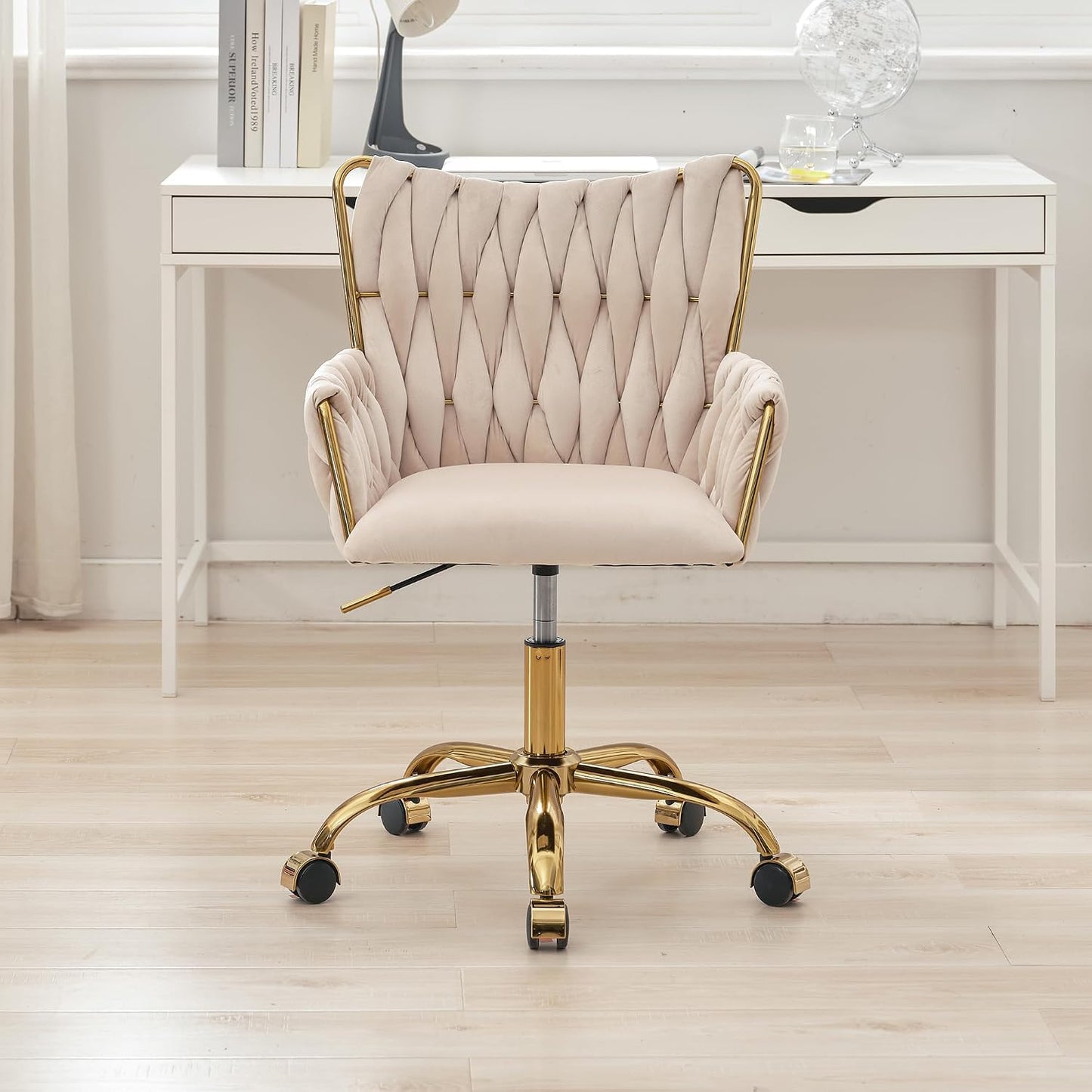 Black Velvet Swivel Desk Chair Hand Woven High Back Gold Base Adjustable Height