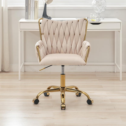 Black Velvet Swivel Desk Chair Hand Woven High Back Gold Base Adjustable Height