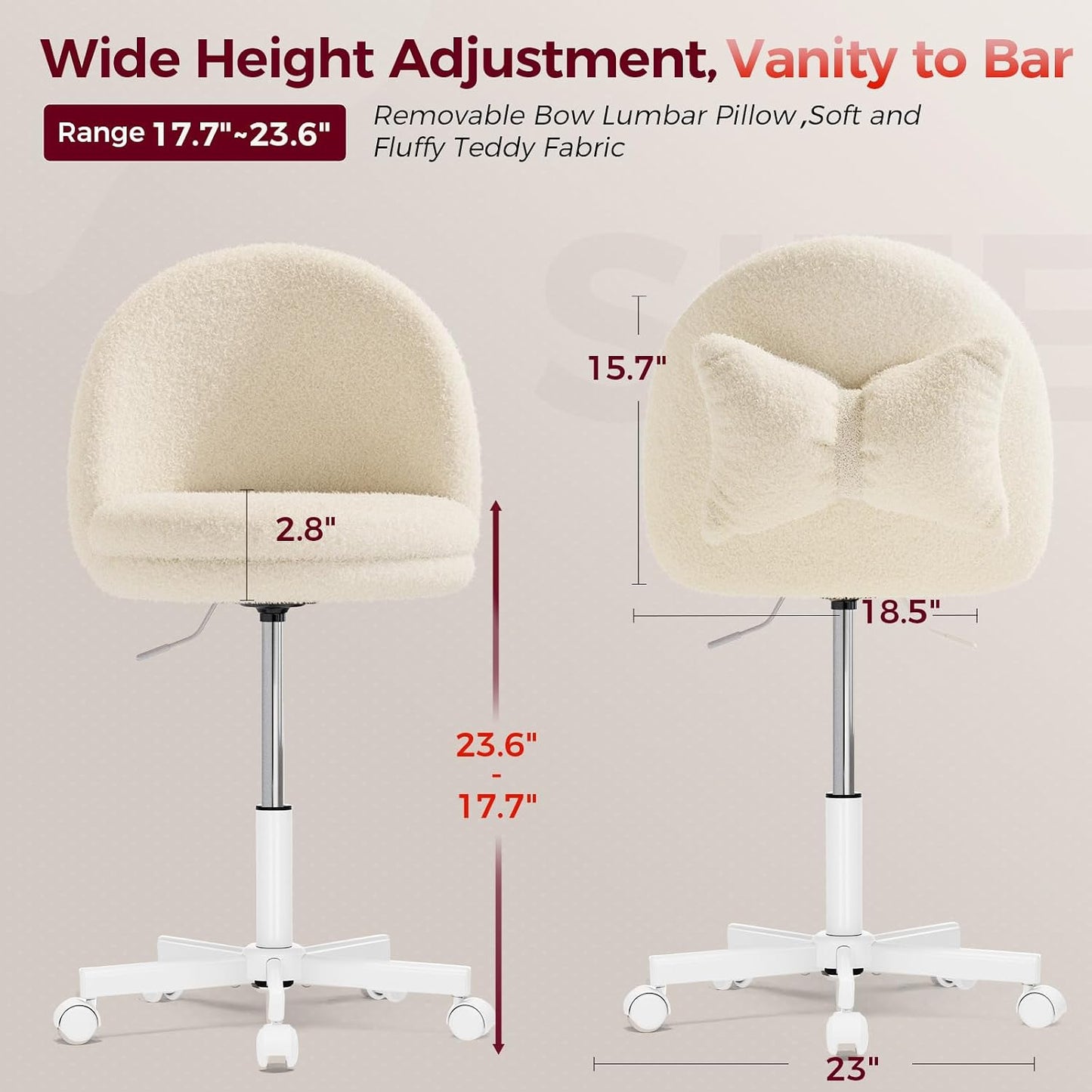 Pink Velvet Vanity Chair Adjustable Swivel Rolling Desk Chair with Lumbar Pillow