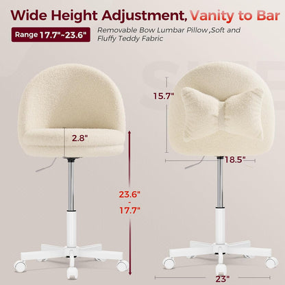 Pink Velvet Vanity Chair Adjustable Swivel Rolling Desk Chair with Lumbar Pillow
