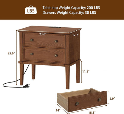 Solid Wood 2-Drawer Nightstand with Charging Station – Teak Farmhouse Bedside Table