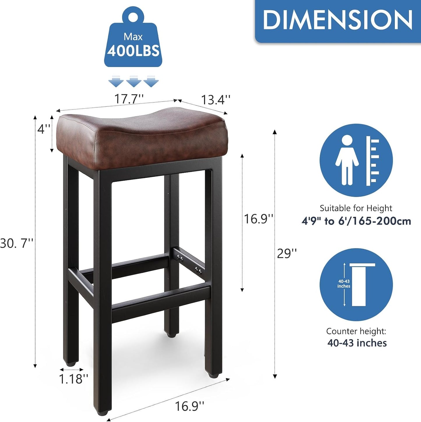 Black Bar Height Stools Set of 2 Upholstered Saddle Kitchen Seats