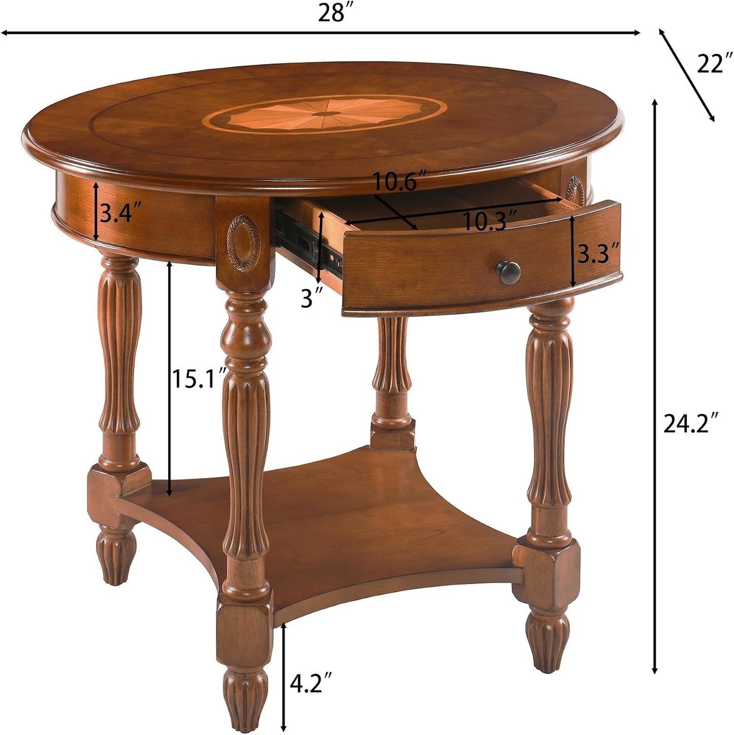 Solid Wood Oval End Table Cherry Walnut with Drawer and Storage Shelf
