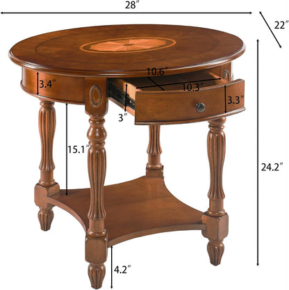 Solid Wood Oval End Table Cherry Walnut with Drawer and Storage Shelf