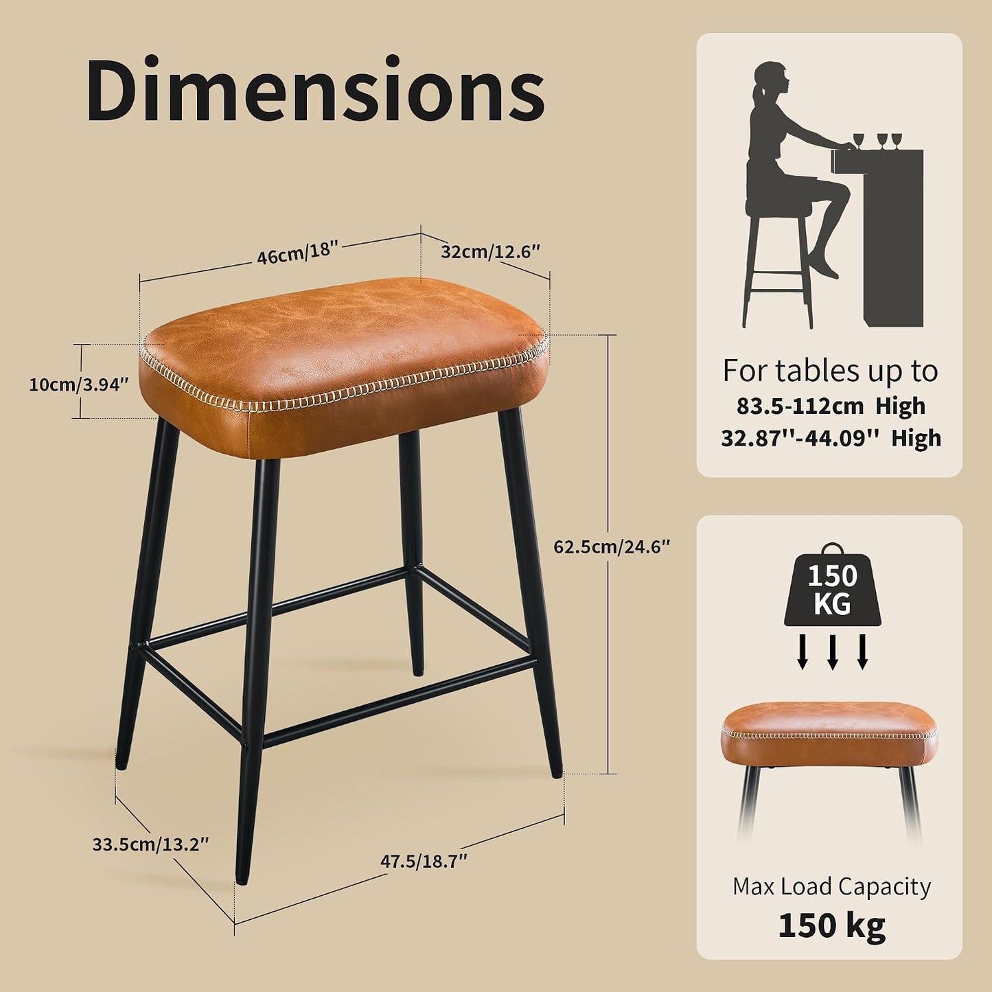 Black Counter Height Bar Stools Set of 2 Upholstered Saddle Seats