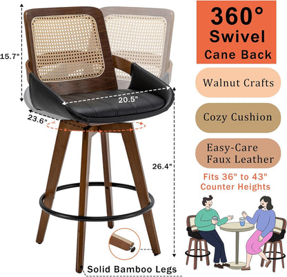Walnut Cane Swivel Counter Stool with Arms Black Faux Leather Seat