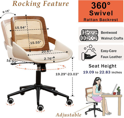 Walnut Rattan Office Chair Green Faux Leather Swivel Rolling Desk Chair