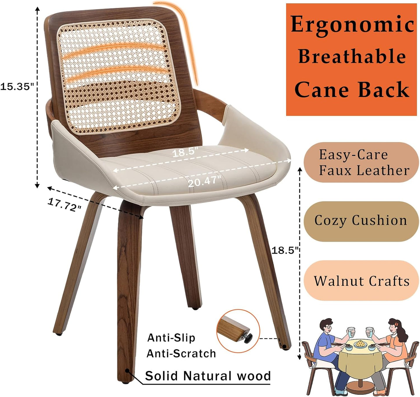 Walnut Rattan Dining Chair with Cane Back Black Upholstered Seat and Arms