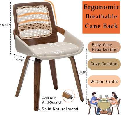 Walnut Rattan Dining Chair with Cane Back Black Upholstered Seat and Arms