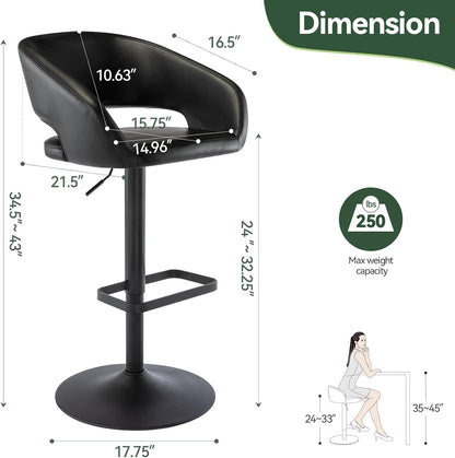 Black Adjustable Swivel Bar Stool Modern Faux Leather Counter Height Chair